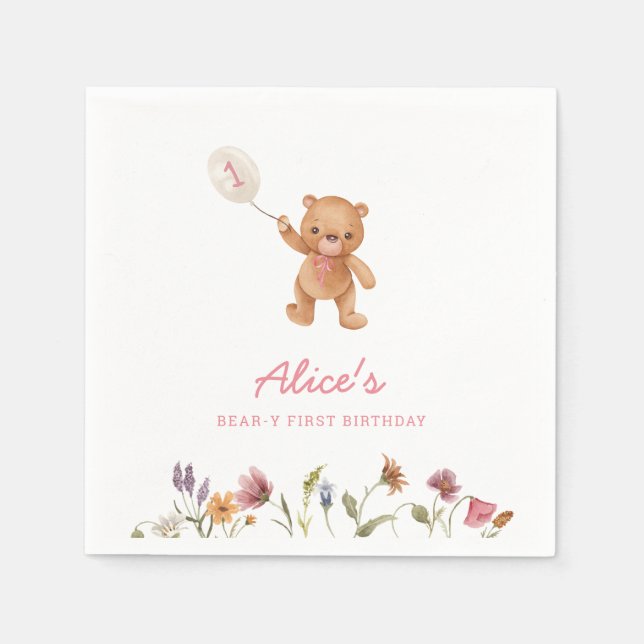 Pink Girl Teddy Bear First Birthday Invitation Napkins (Front)