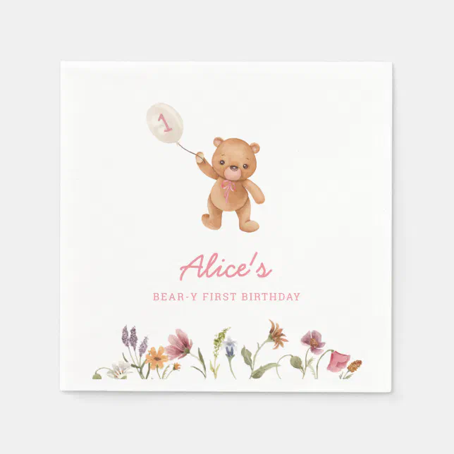 Pink Girl Teddy Bear First Birthday Invitation Napkins | Zazzle