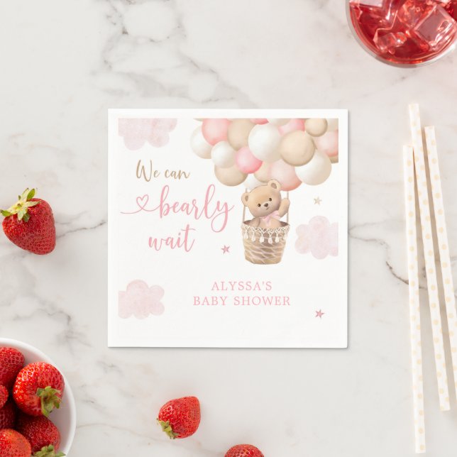 Pink Girl Teddy Bear Hot Air Balloon Baby Shower Napkins (Insitu)