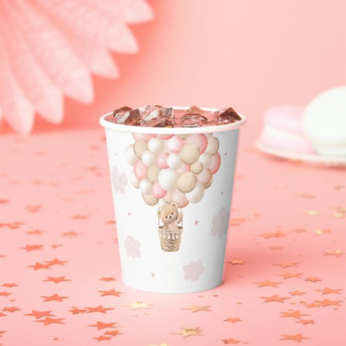 Pink Girl Teddy Bear Hot Air Balloon Baby Shower Paper Cups
