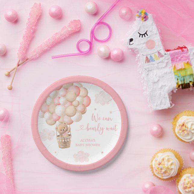 Pink Girl Teddy Bear Hot Air Balloon Baby Shower Paper Plates (Party)