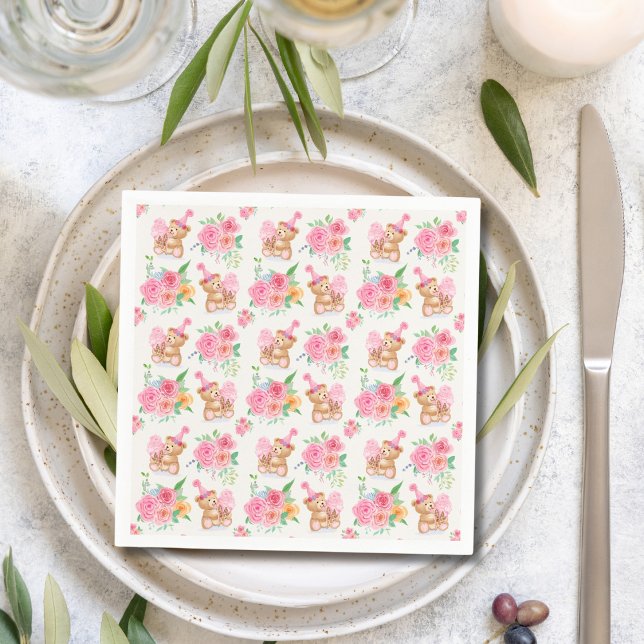Pink Girl Teddy Bear Ice Cream With Peonies Napkins (Creator Uploaded)