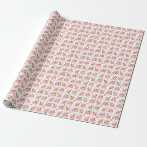 Pink Girl Teddy Bear Ice Cream With Poenies Wrapping Paper