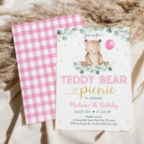 Pink Girl Teddy Bear Picnic Birthday Invitation