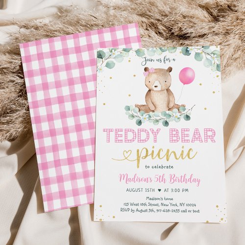 Pink Girl Teddy Bear Picnic Birthday Invitation