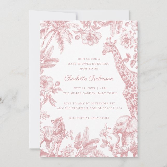 Pink Girl Toile Safari Elegant Baby Shower Invitation (Front)