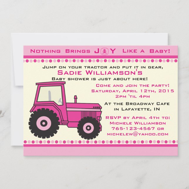 Pink Girl Tractor Baby Shower Invitation (Front)