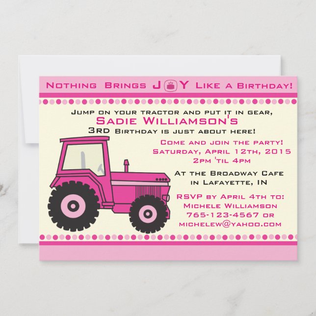 Pink Girl Tractor Birthday Party Invitation (Front)