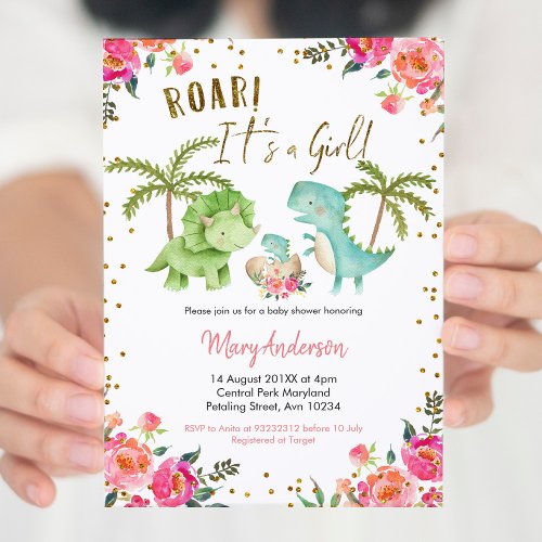 Pink Girl Tropical Dinosaur Baby Shower Floral Invitation