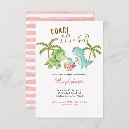 Pink Girl Tropical Dinosaur Baby Shower Roar Invitation