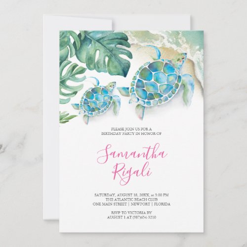 Pink Girl Tropical Sea Turtle Gingham Birthday  Invitation