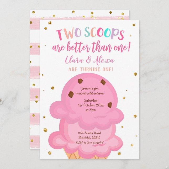 Pink Girl Twins Ice cream Invitation (Front/Back)