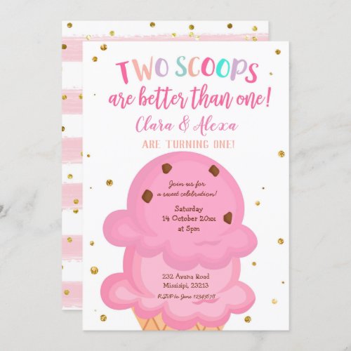 Pink Girl Twins Ice cream Invitation