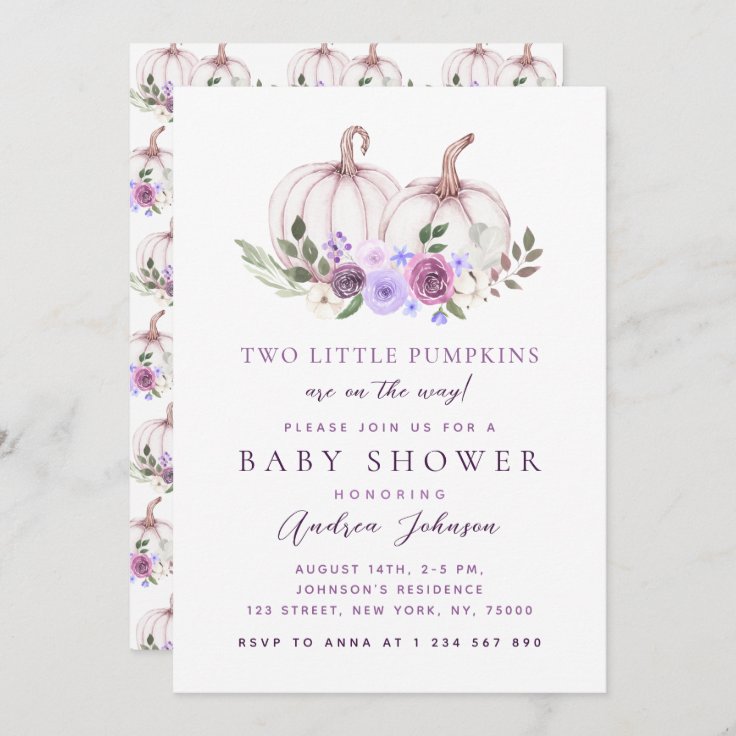 Pink Girl Twins Pumpkins Fall Autumn Baby Shower Invitation | Zazzle