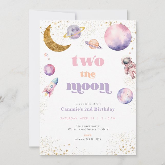 Pink Girl Two the Moon Birthday Invitation (Front)