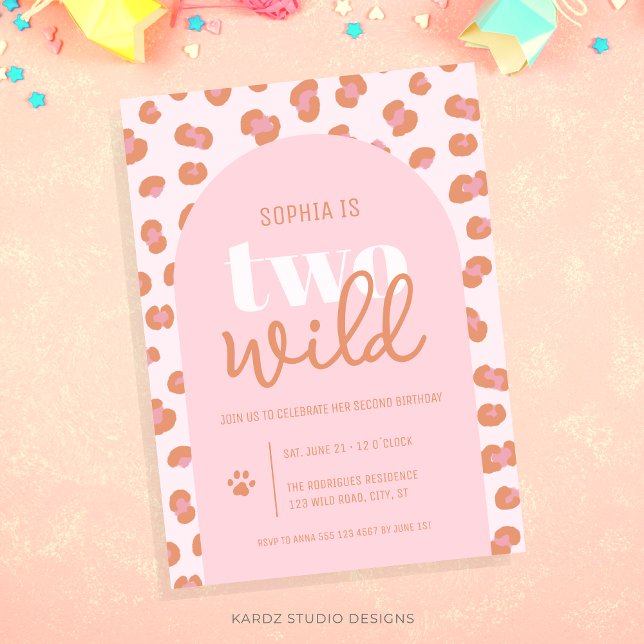Pink Girl Two Wild 2nd Birthday Invitation (Girl 2nd birthday Invite shown in 5x7 inch. Personalize and choose border style before ordering.)