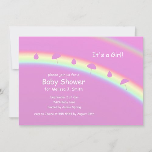 Pink Girl Umbrellas and Drops Baby Shower Invitation