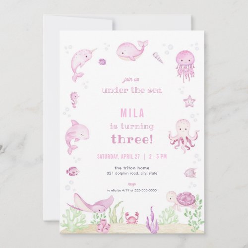 Pink Girl Under the Sea Birthday Invitation