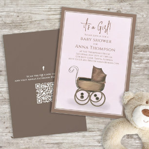 Pink Girl Vintage Carriage QR Code Social Media Invitation