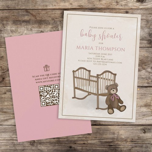 Pink Girl Vintage Teddy Bear QR Code Gift Registry Invitation