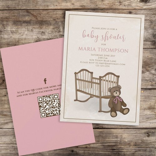 Pink Girl Vintage Teddy Bear QR Code Social Media Invitation