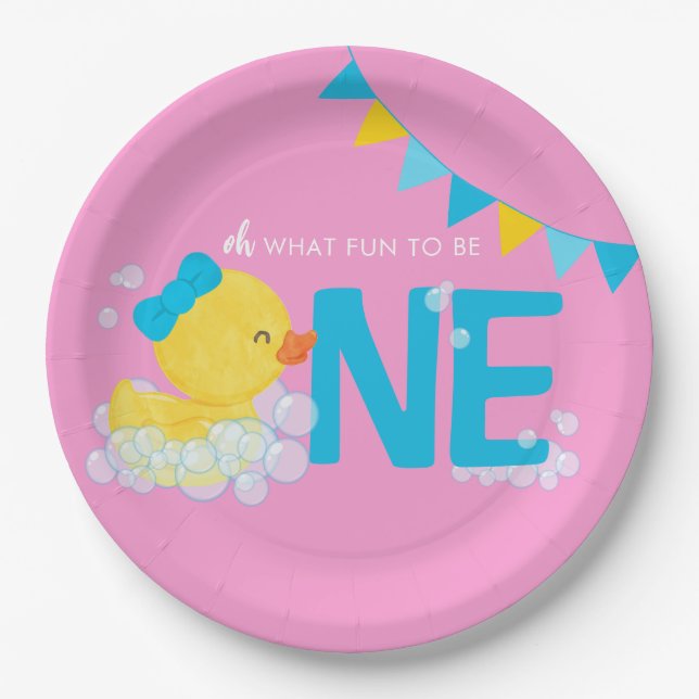 Pink Girl Watercolor Duck ONE 1st Birthday Paper Plates (Front)