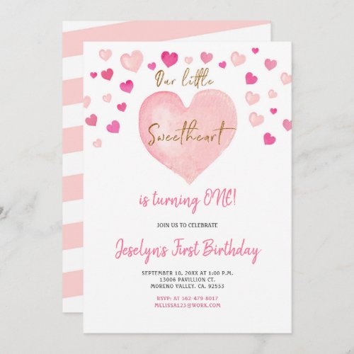 Pink Girl Watercolor First Birthday Heart Invitation