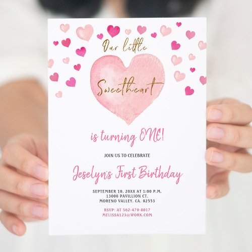 Pink Girl Watercolor First Birthday Heart Invitation