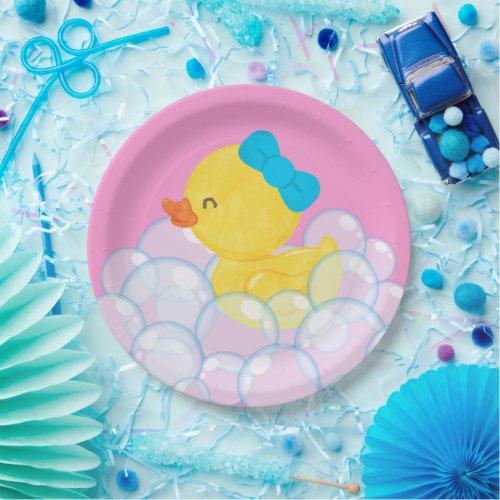 Pink Girl Watercolor Rubber Duck Party  Paper Plates