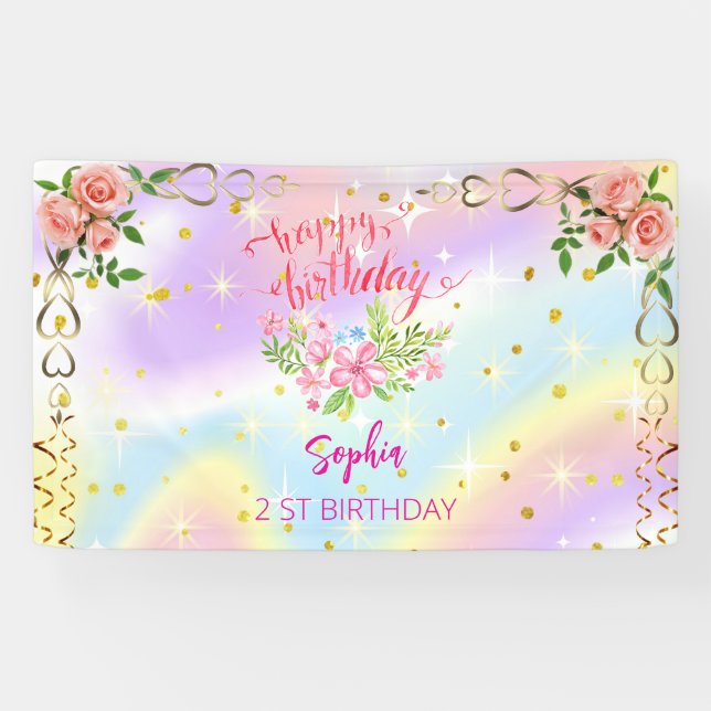 pink girl welcome floral watercolor birthday party banner (Horizontal)