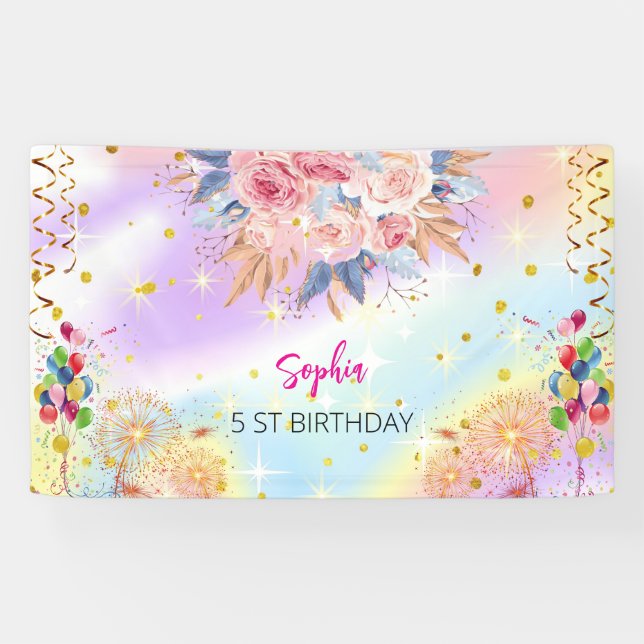 pink girl welcome floral watercolor birthday party banner (Horizontal)