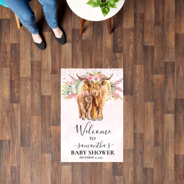 Pink Girl Welcome Highland Cow Calf Baby  Floor Decals (Floor)