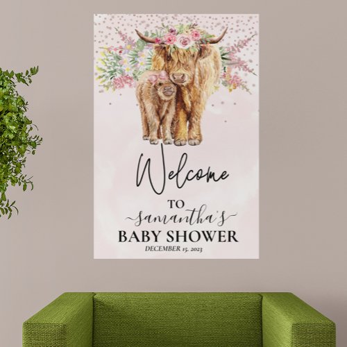 Pink Girl Welcome Highland Cow Calf Baby Shower Foam Board