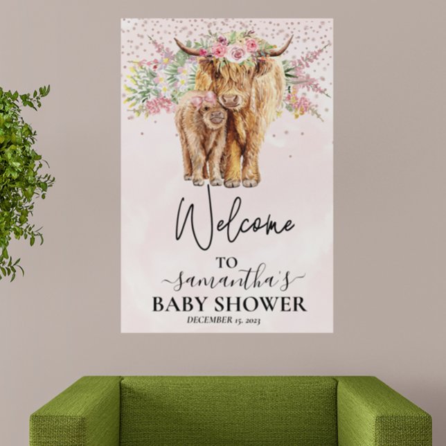 Pink Girl Welcome Highland Cow Calf Baby Shower Foam Board (Creator Uploaded)