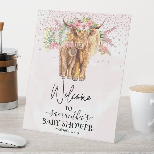 Pink Girl Welcome Highland Cow Calf Baby Shower  Pedestal Sign