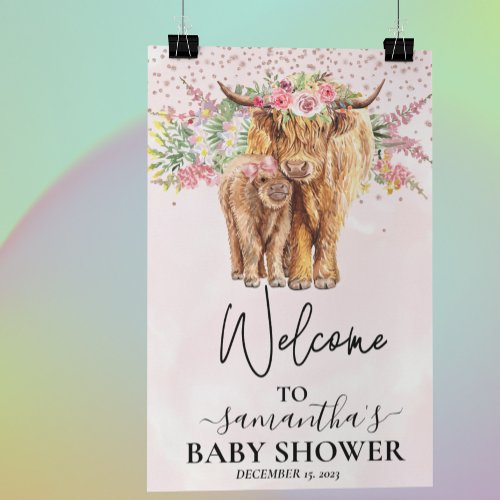 Pink Girl Welcome Highland Cow Calf Baby Shower Poster