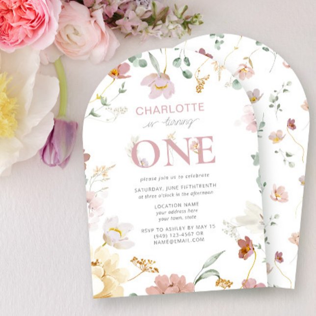 Pink Girl Wildflower Turning One 1st Birthday Invitation (Creator Uploaded)