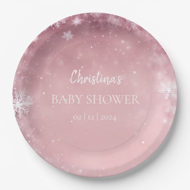 Pink Girl Winter Baby Shower Paper Plates (Front)