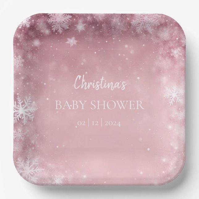 Pink Girl Winter Baby Shower Paper Plates (Front)