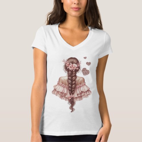 PINK GIRL WITH ROSES BRAID  T_Shirt