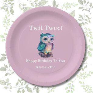 Pink Girl Woodland Animal Owl Birthday Paper Plates