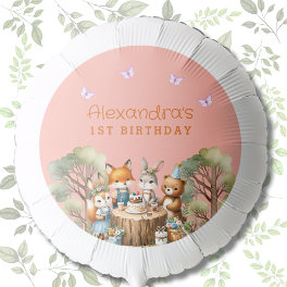 Pink Girl Woodland Animals 1st Birthday Party Balloon