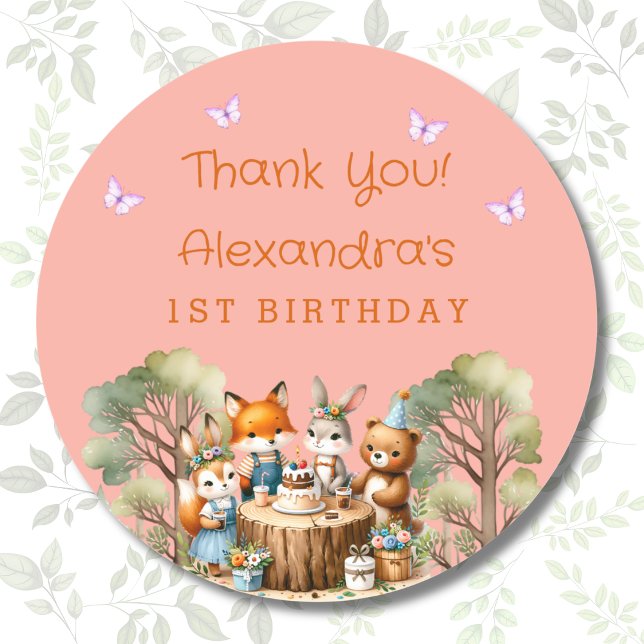 Pink Girl Woodland Animals 1st Birthday Thank You  Classic Round Sticker (Creator Uploaded)