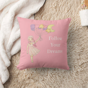 Pink Girl Yellow Purple Heart Stars Moon Balloons Throw Pillow