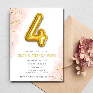 Pink Girls 4th Birthday Balloon Party Invitation