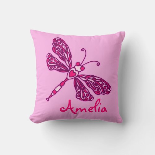 Pink girls add your name dragonfly cushion pillow