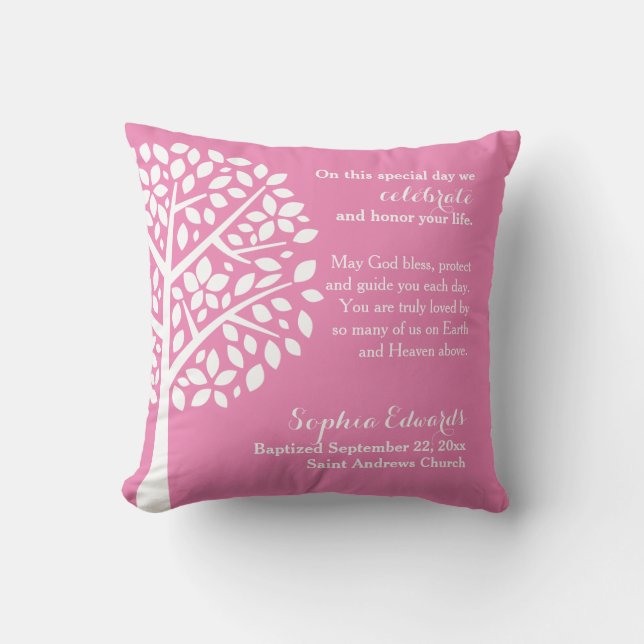 Pink Girls Baptism Christening Blessing Prayer Throw Pillow (Front)