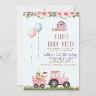 Pink Girls Barn Farm Animals Birthday Invitation