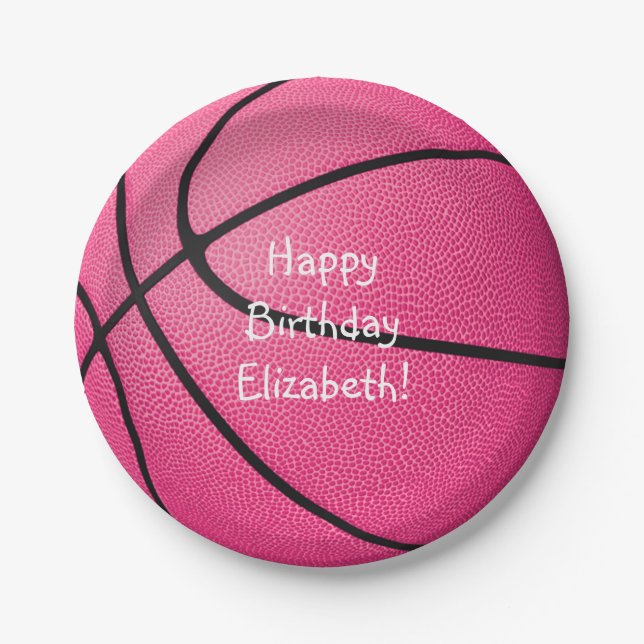 pink girls basketball birthday_team party paper plates (Front)