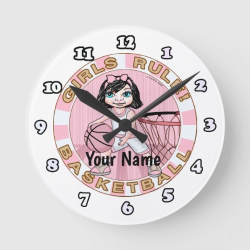 Pink Girls Basketball custom name Round Clock